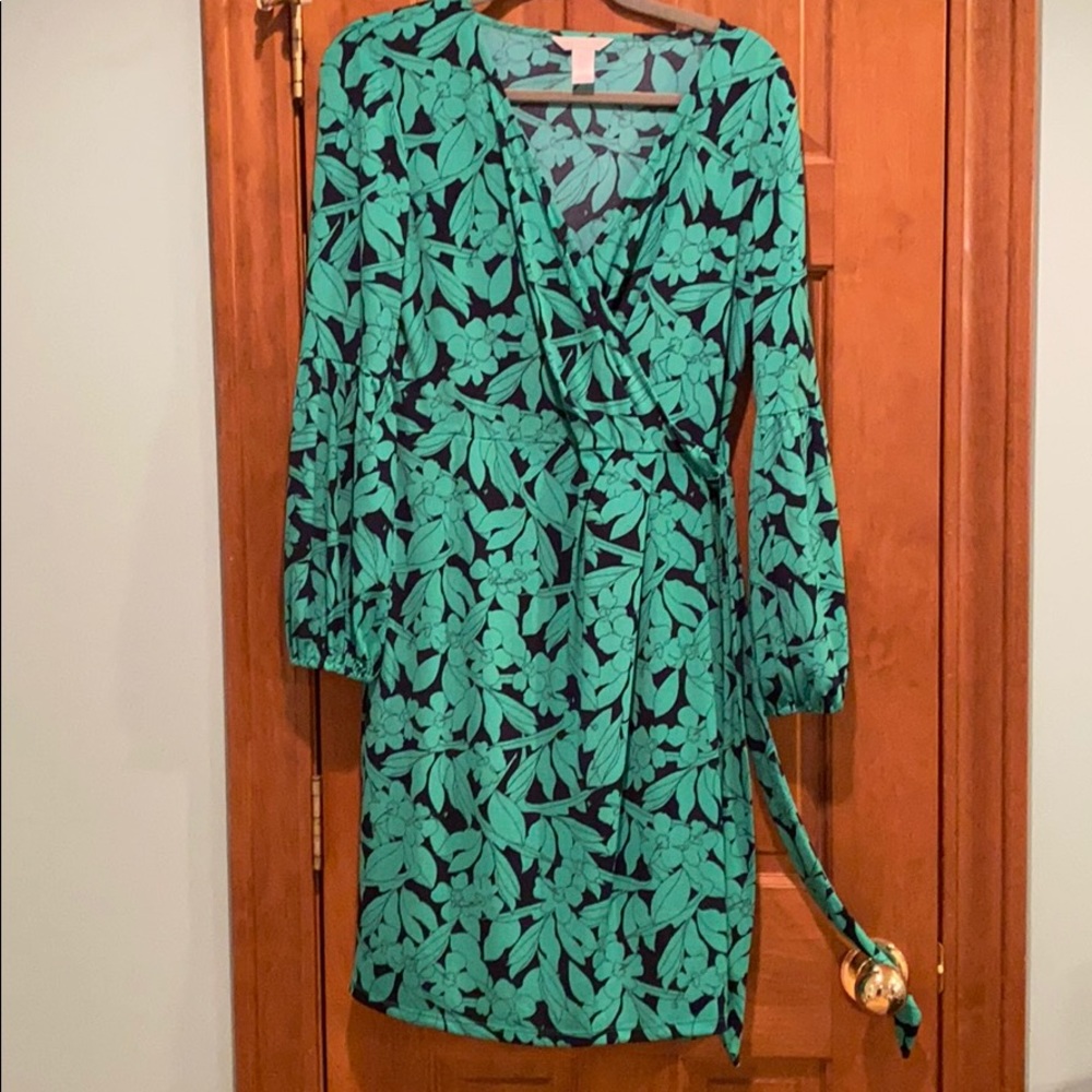 Never worn green and navy floral wrap dress